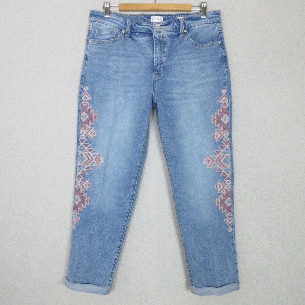 Wonderly Light Blue Skinny Jeans with Pink & Tan Aztec Side Embroidery
